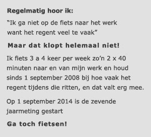 hetregentbijnanooit.nl is fietser Gerard Poels die vindt dat veel te veel mensen de smoes -ik ga niet op de fiets naar het werk want het regent veel te vaak- gebruiken.</p> <p>Regelmatig hoor ik:</p> <p>„Ik ga niet op de fiets naar het werk want het regent veel te vaak”.</p> <p>Maar dat klopt helemaal niet! :-)</p> <p>Ik fiets 3 a 4 keer per week zo’n 2 x 40 minuten naar en van mijn werk en houd sinds 1 september 2008 bij hoe vaak het regent tijdens die ritten, en dat valt erg mee.</p> <p>Op 1 september 2014 is de zevende jaarmeting gestart.</p> <p>Ga toch fietsen! :-)